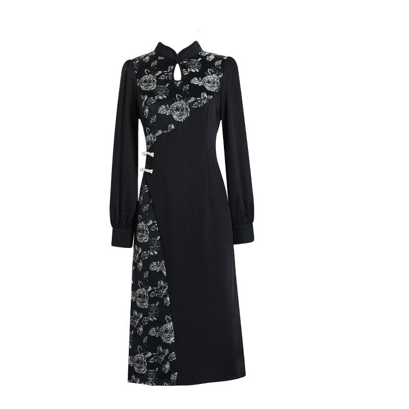 Cheongsam wanita retro mawar jacquard gaun lengan panjang wanita