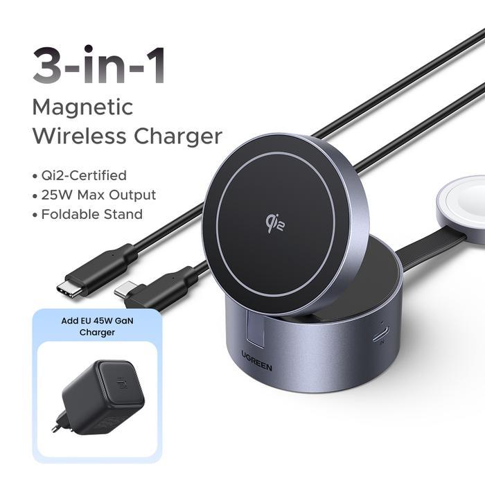 UGREEN 3 IN 1 Magnetic Wireless Charger Magsafe Qi2 Fast Charging 15w 65148 - Wireless Charger UGREE