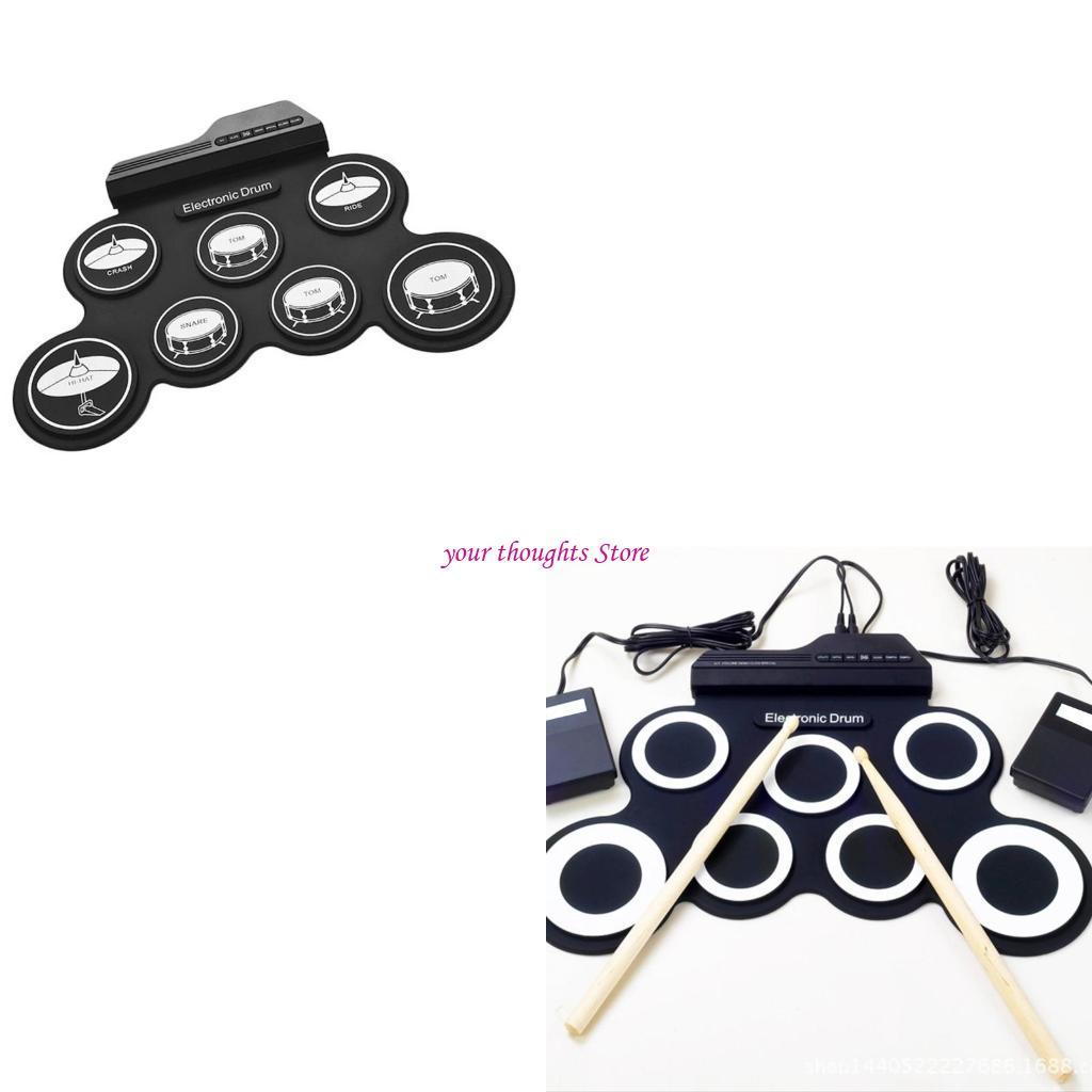 7 Pads Electric Drum Set, Practice Drum Machine with Headphone Jacks, Builtin Speaker Drum Pedals Dr