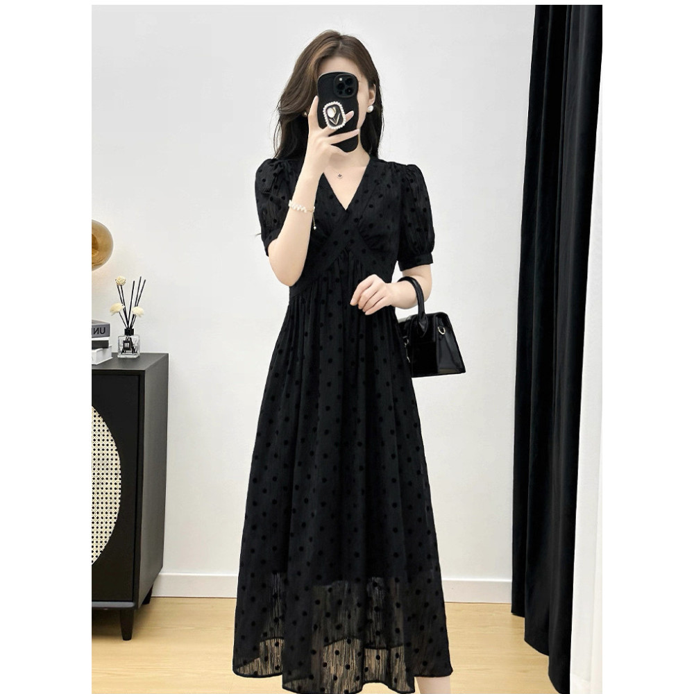 EIRU - Mori Dot Midi Dress Hitam Elegan Wanita Lengan Puff Polkadot V Neck Flow Midi Dress Casual Ko