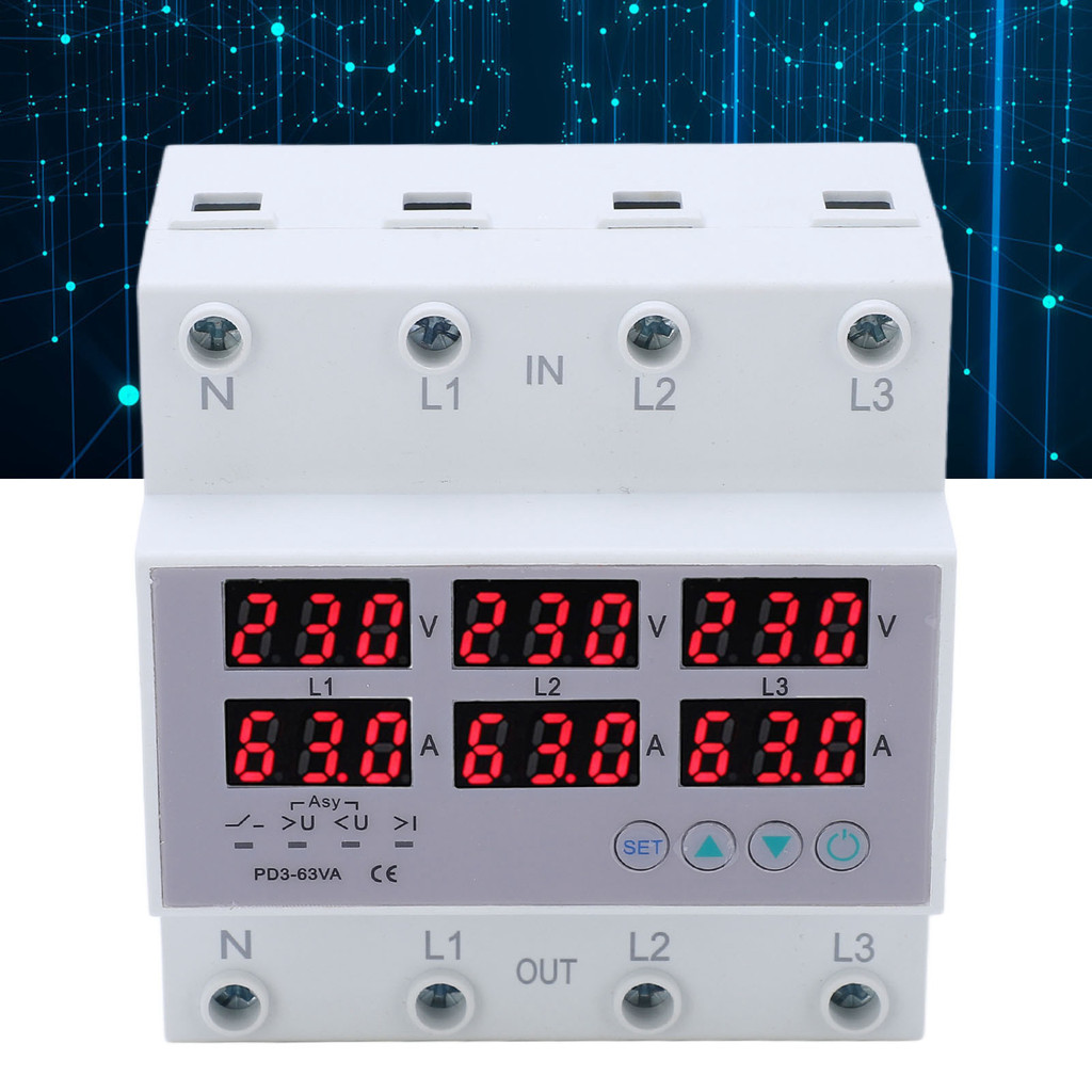 3 Phase N Rail Voltmeter Ammeter Automatic Overvoltage Overcurrent Protector AC 390‑500V 3 Phase N R