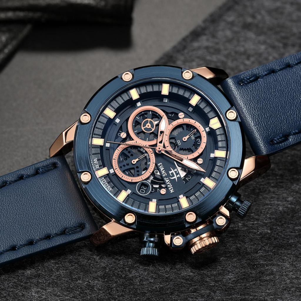 Evans Jayden  9570 Jam Tangan Pria Kulit Premium Chronograph Kaca Sapphire Water Resistant 10ATM