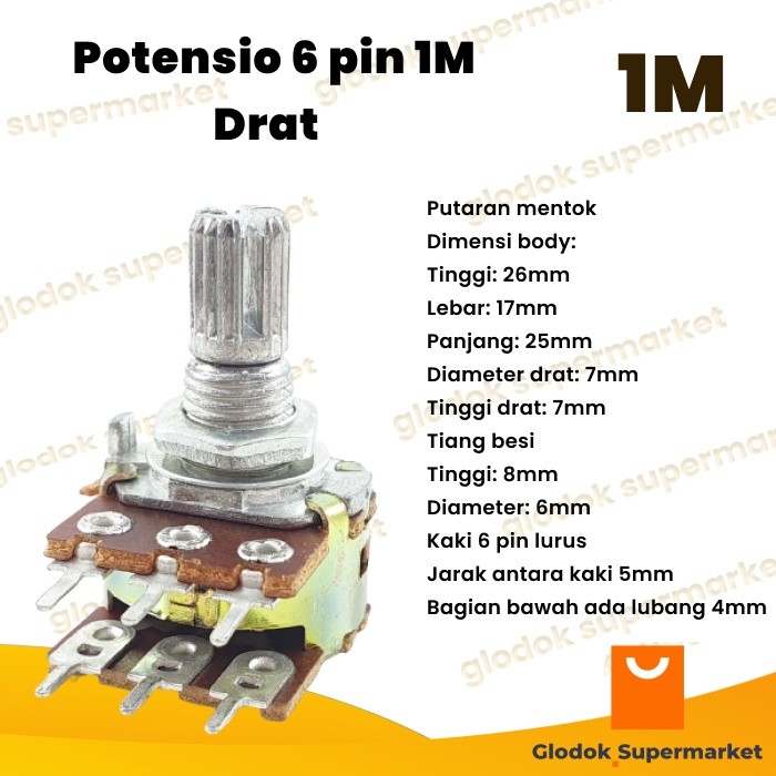 Potensio 6 pin 1M Drat Stereo Kaki 3-3 Lurus Volume Mixer 105