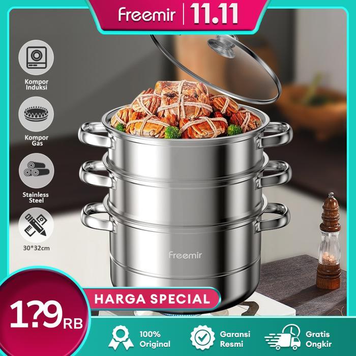 [SPECIAL] freemir Panci Kukus 3 Susun Stainless Steel Tebal Anti Lengket Anti Karat Dandang Kukusan 