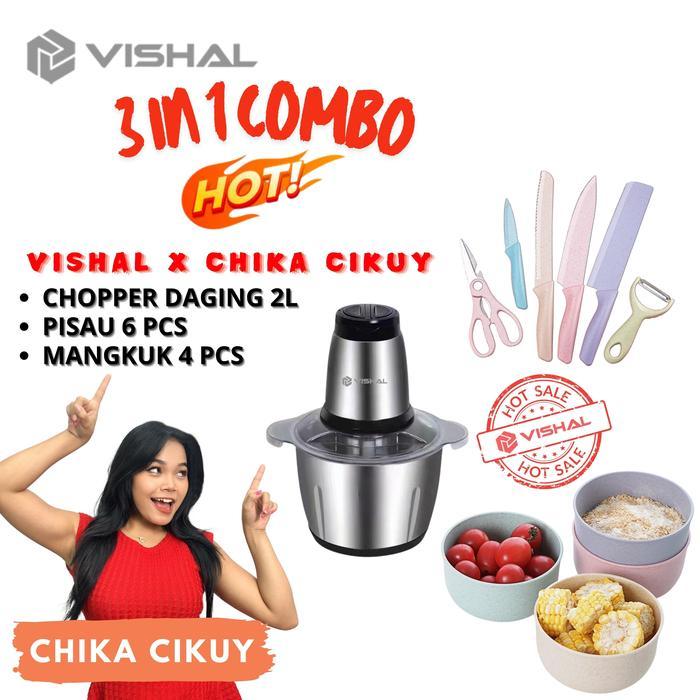CHIKACIKUY X VISHAL 3IN1 (COD) Stainless Blender Daging Penggiling +1Set Pisau + 4Pcs Mangkuk Set - 