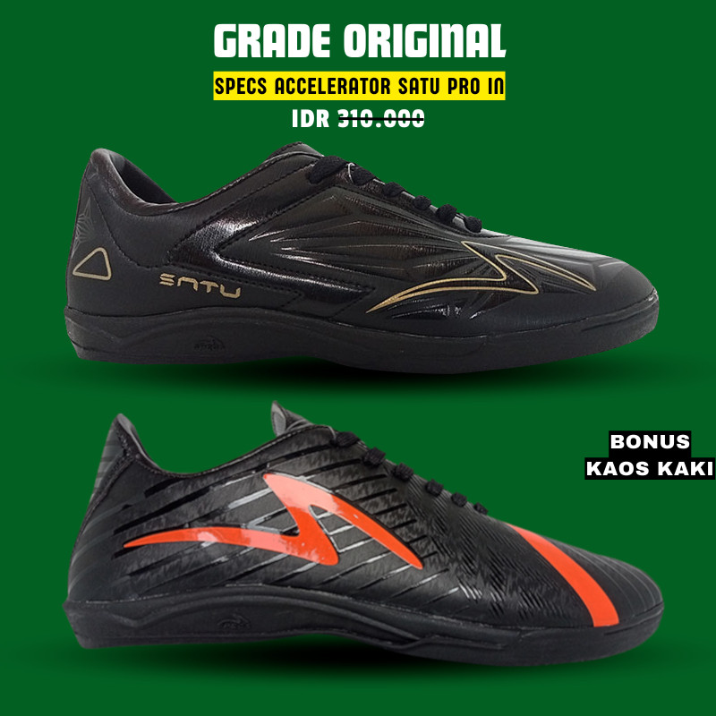 Sepatu Futsal Terbaru Grade Original Specs Accelerator Satu Pro in Hitam Gold, komponen original Hit