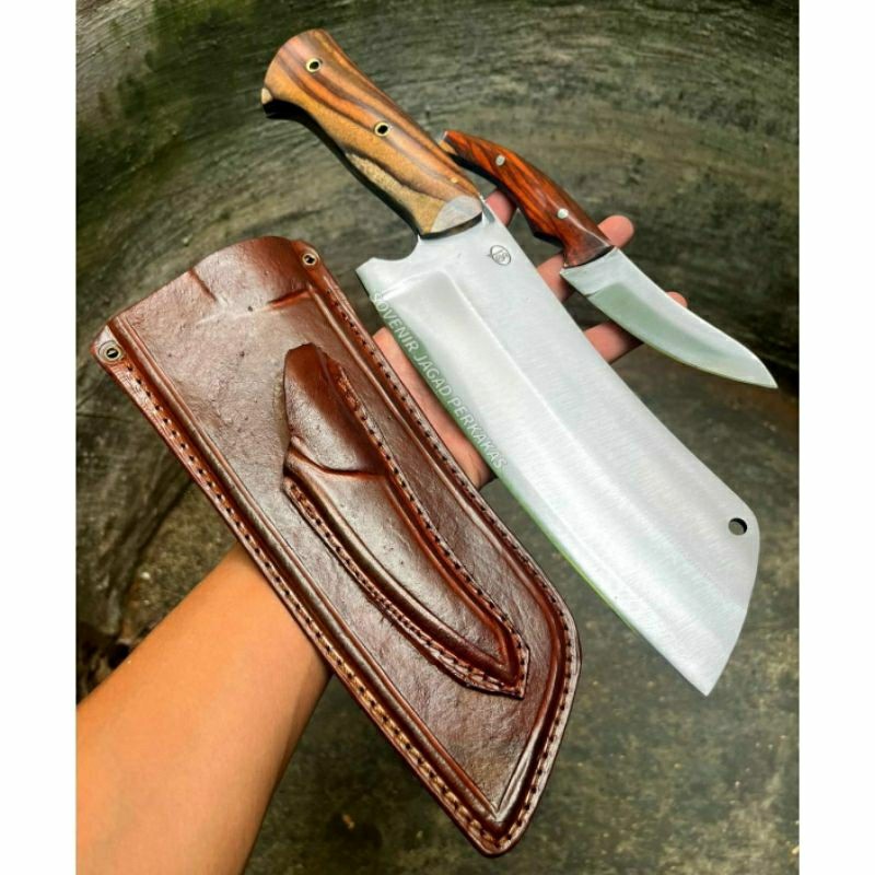 Golok Cincang Daging Tulang Super Baja Per SUP9 Kuat Chopper Tebas Asli Bonus Pisau Sarung Kulit Ful
