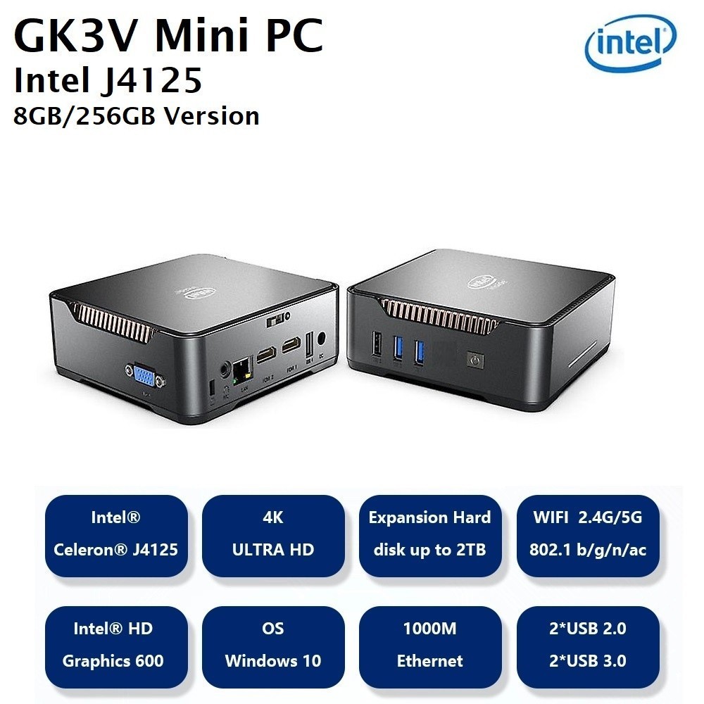 GROSIRUNIK99 GK3V Mini PC Intel Gemini Lake J4125 8GB RAM 256GB ROM - Komputer Mini