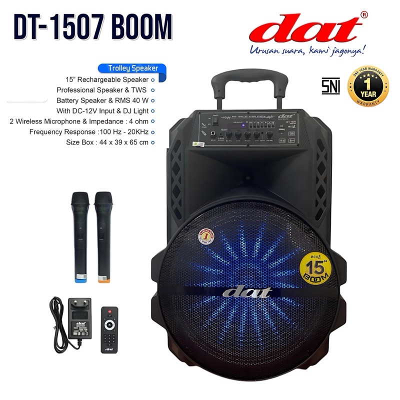 DAT DT-1507 speaker bluetooth portabel 15inch speaker aktif full bass dilengkapi 2mic wireles karaok
