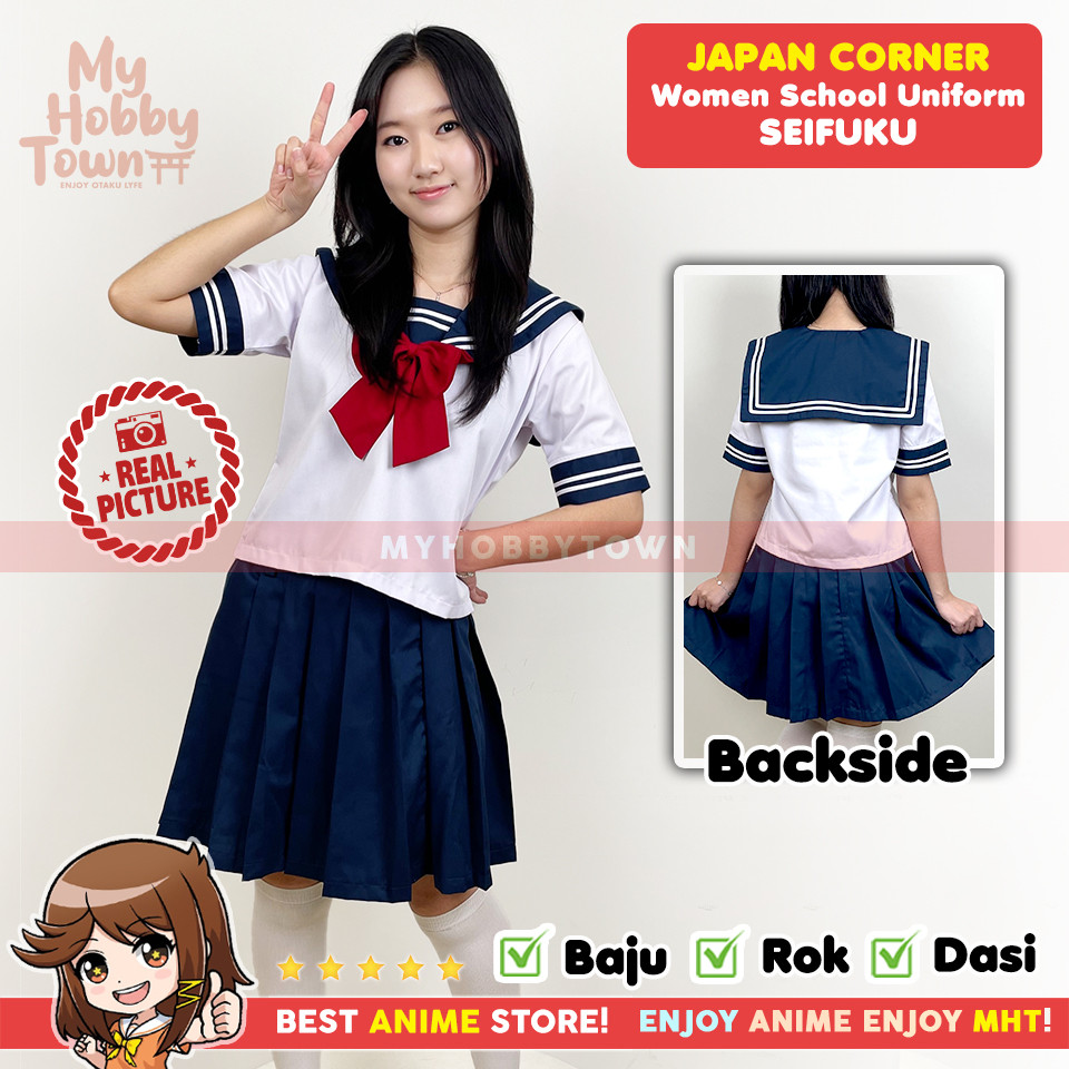 Seifuku Seragam Sekolah Jepang Putih - Biru - Dasi Merah Rok Pendek