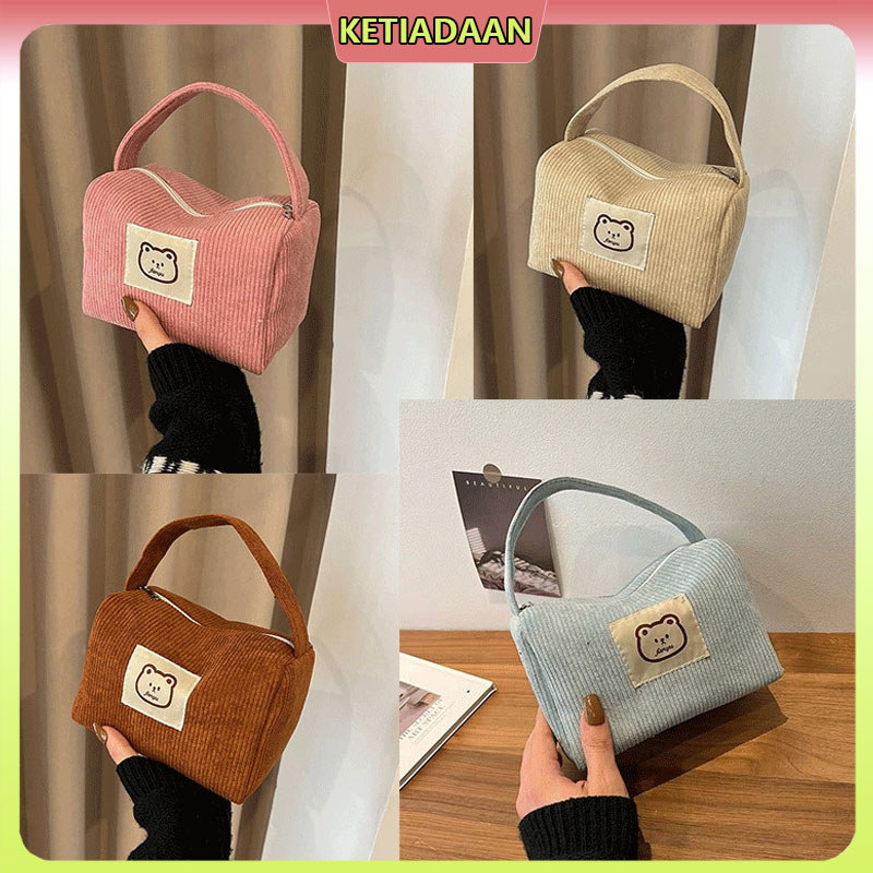 [Ready] Tas Kosmetik Mini Beruang Lucu / Tas Kosmetik Multifungsi / Tas Kosmetik Genggam Corduroy / 