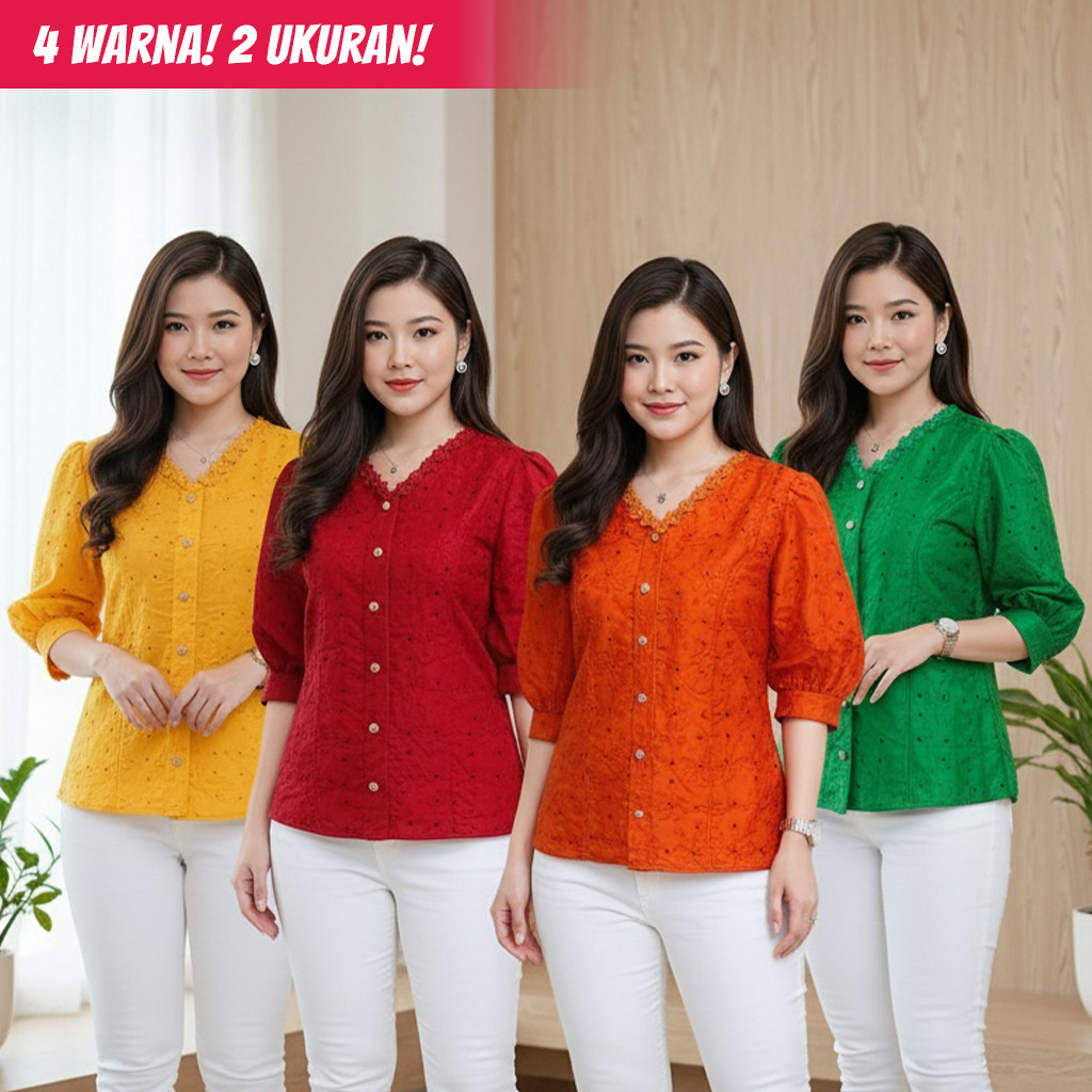 Atasan Katun Bolong Kerah Vneck Kancing Depan 59899 IMPORT bahan Katun Bolong Premium - EC46
