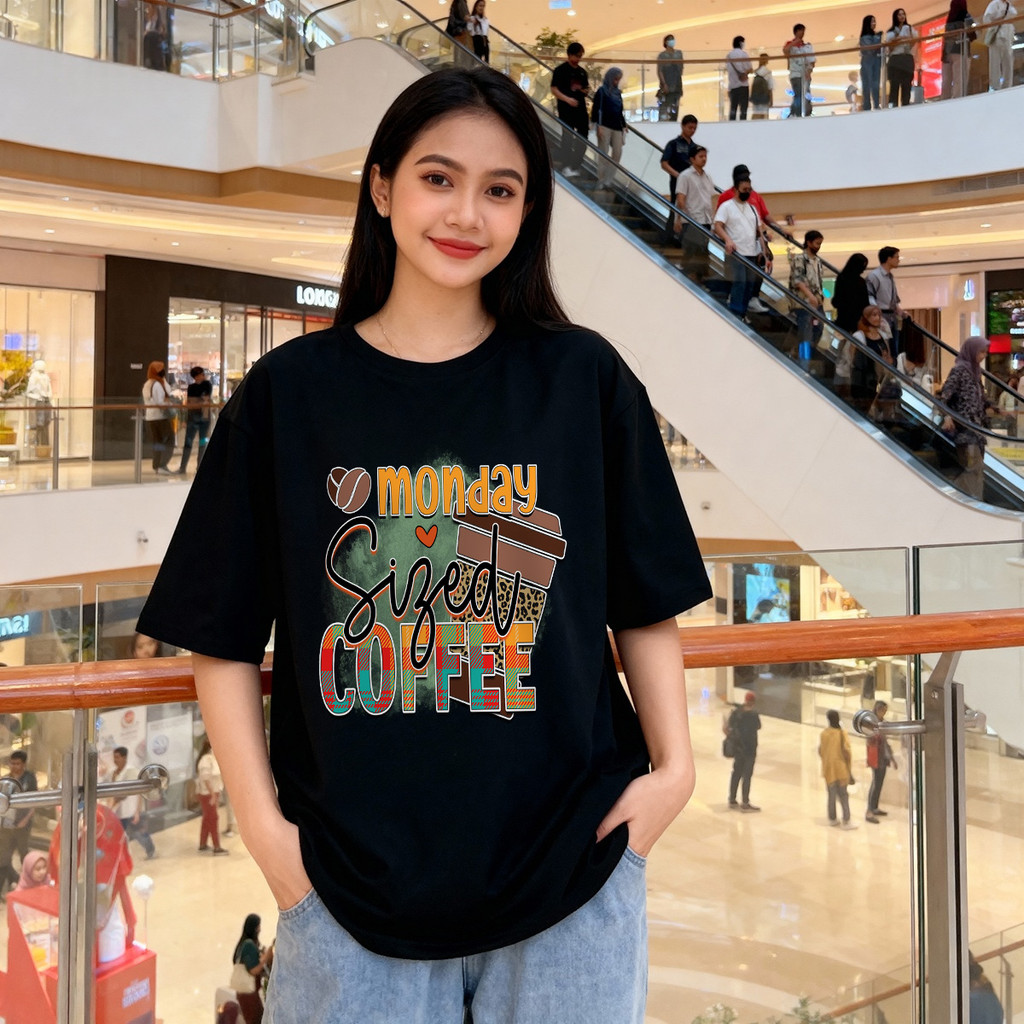 Distro Original 100% Monday Sized Coffee Kaos Wanita Oversize Santai Pakaian Atasan Wanita untuk Sem