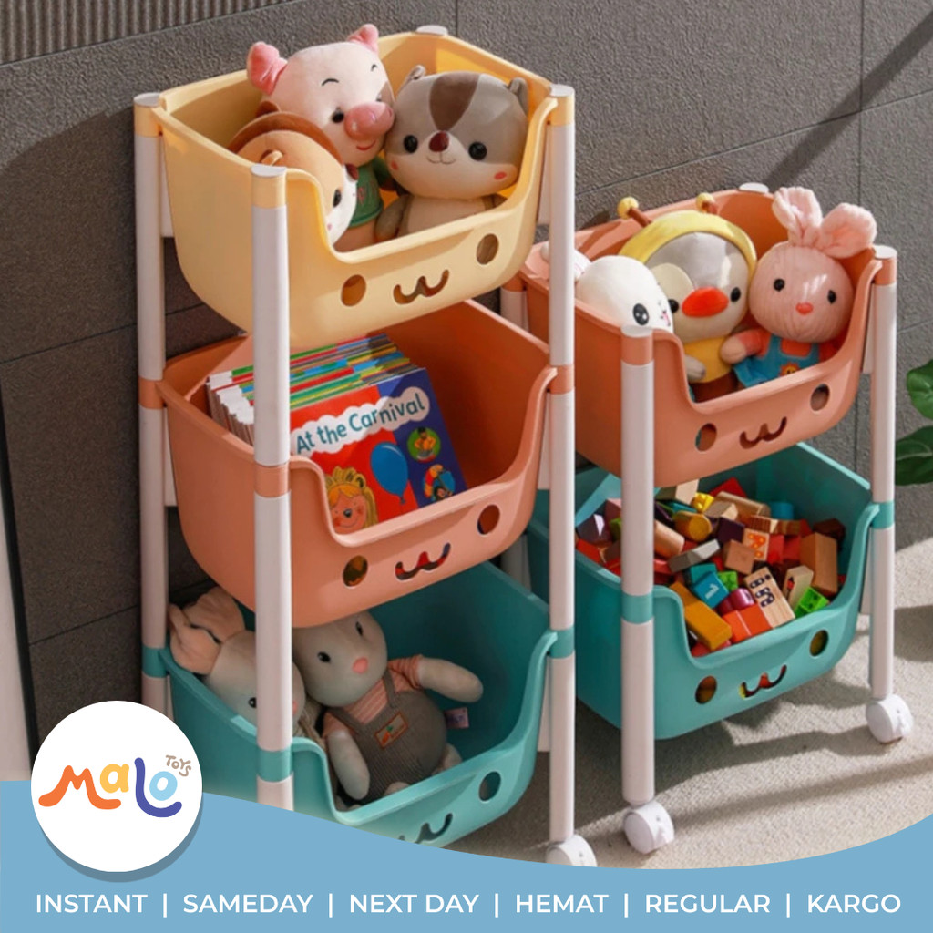 MALOTOYS - Organizer Rak 3 Tingkat Plastik Susun Multifungsi Rak Mainan Anak Roda Rak Susun Roda Rak