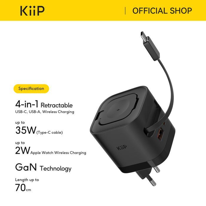 KiiP WH30 3in1 Adapter Fast Charger GaN 35W Retractable Cable Built in Magnetic Wireless Watch