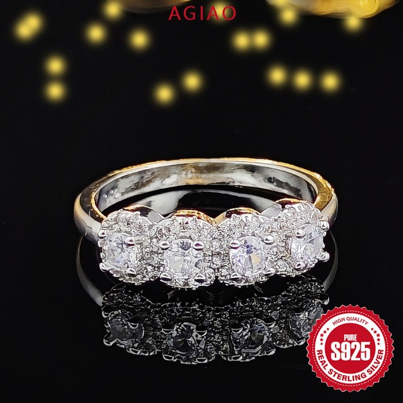 AGIAO Cincin Pertunangan Berlian Zircon Asli Emas Berlapis Platinum 925 Untuk Wanita
