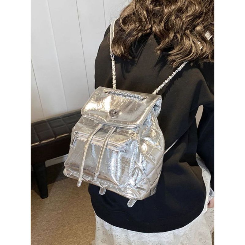 Tas Ransel Silver Gaya Chanel Untuk Wanita, Model Tas Ember Rantai Yang Trendi & Serbaguna