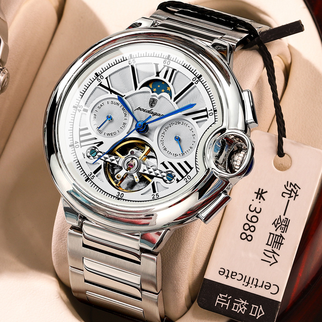 POEDAGAR Men's Mechanical Watch New Waterproof Tourbillon Men's
