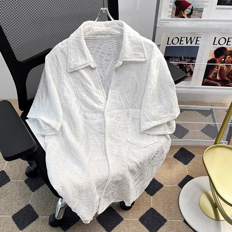 Cuban Collar Summer Texture Shirt Japanese Korean Stretch Breathable Casual in White and Black - Kem