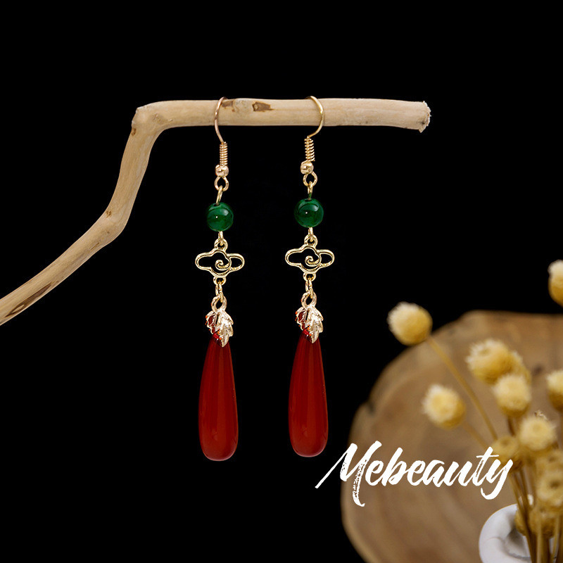 MEBEAUTY Anting Wanita Cheongsam Retro China Awan Permata Hijau Tetesan Merah Tua Cantik Z1265