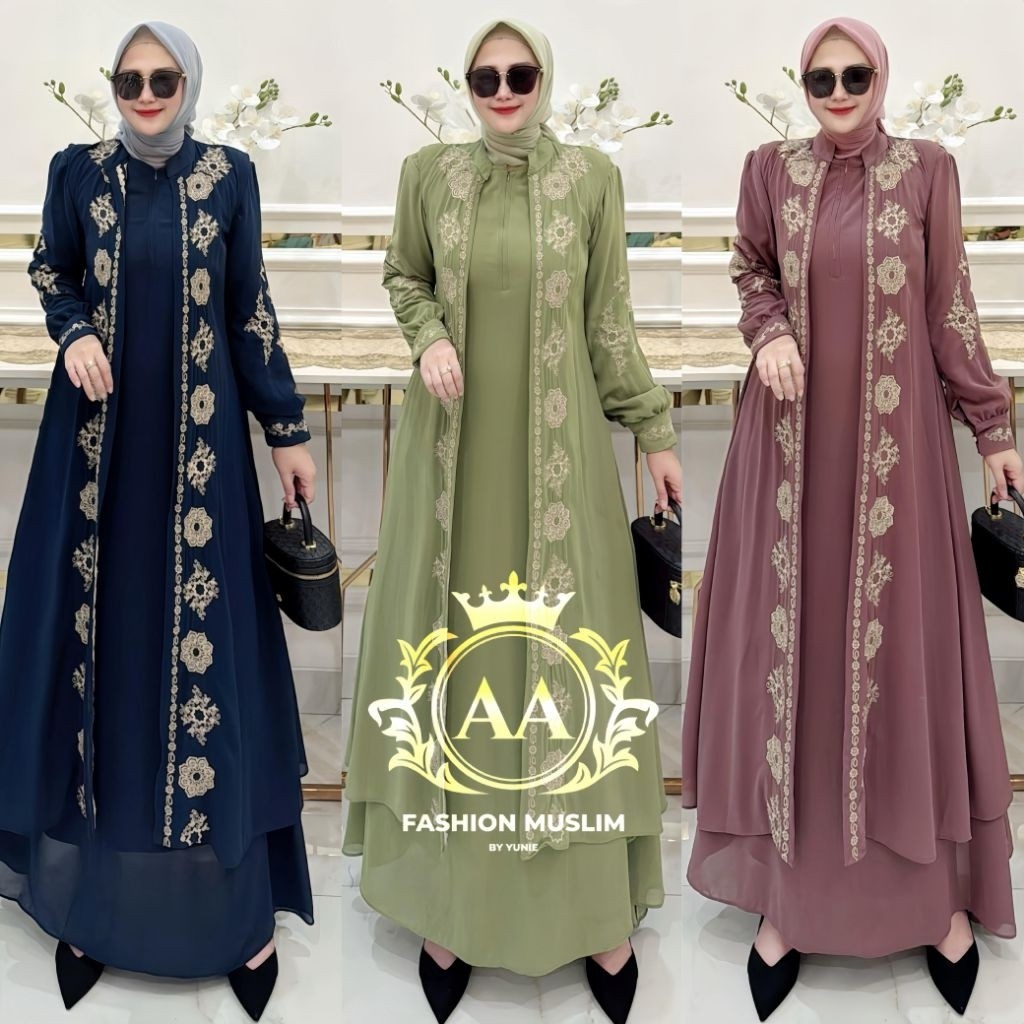 Gamis Humayra inner dan outer bordir Bahan ceruty Armani premium