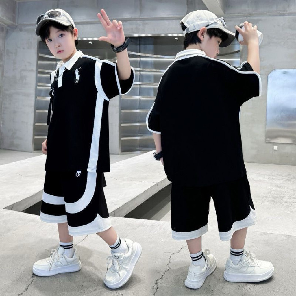 LJS282 Setelan anak laki laki kerah polo lengan pendek hitam putih / baju anak tanggung usia 3-14tah