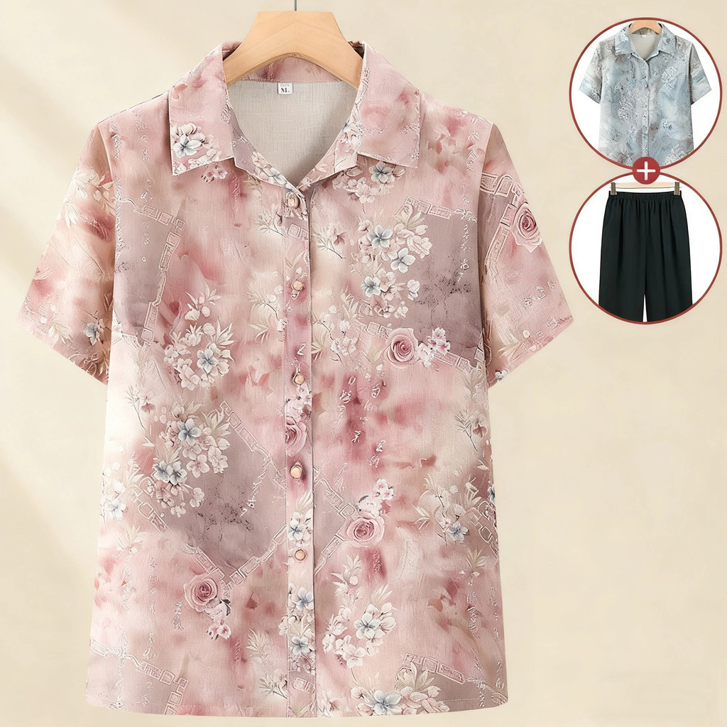 Mid-tua ibu musim panas baju lengan pendek Nenek pakaian top gulung wanita tua pakaian baju terbuka