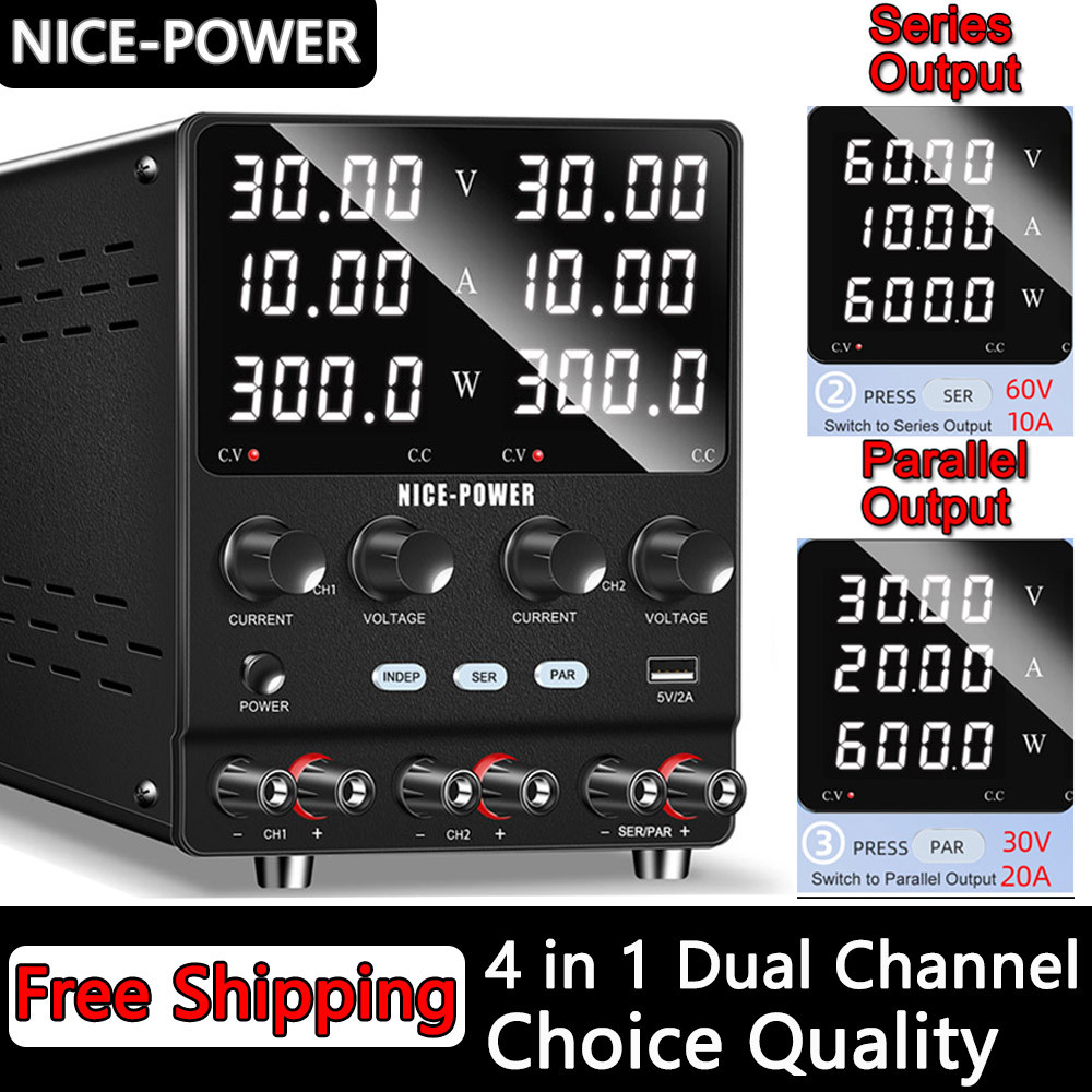 NICE-POWER Dual Output Lab Power Supy, 30V 10A Adjustable Switing Regulated Series (60V 10A) Paralle