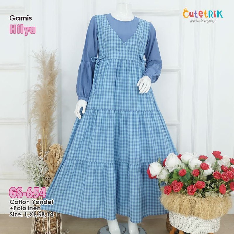 Cutetrik Dress Muslim Anak  Perempuan Gamis anak Tanggung Usia 8-14 Tahun Cotton Yandet Motif Biru