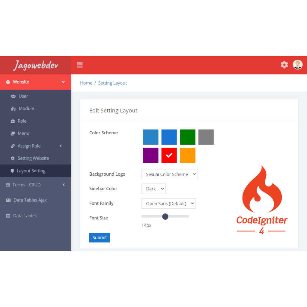 Aplikasi source code Admin Template Dashboard Codeigniter 4 (CI4)