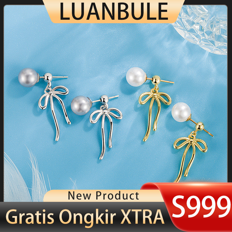 LUANBULE Anting-anting Stud Mutiara Pita Panjang Perak S999 Emas