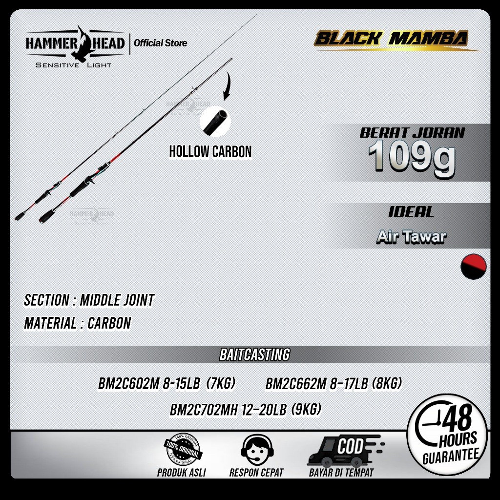 PROMOHAMMER HEAD Joran Pancing Baitcasting BLACK MAMBA Pro Series 180cm - 210cm X30 Carbon Blank Con