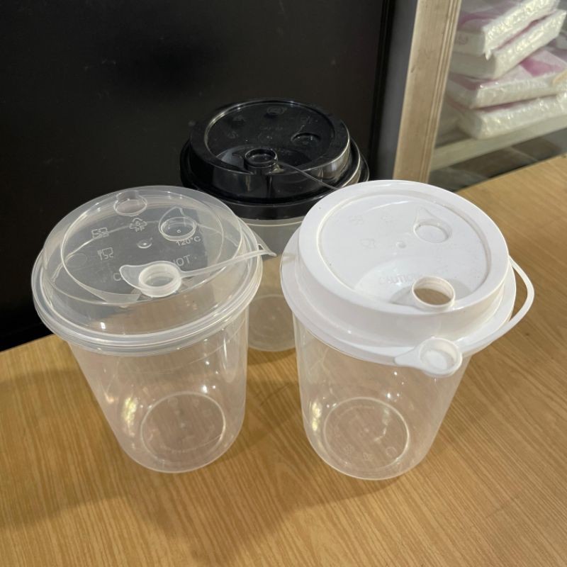 (isi 25 pcs) Gelas Plastik PP Cup Injection 16 Oz 500 ml OVAL  + Connected Cap Tutup Sambung TEBAL &