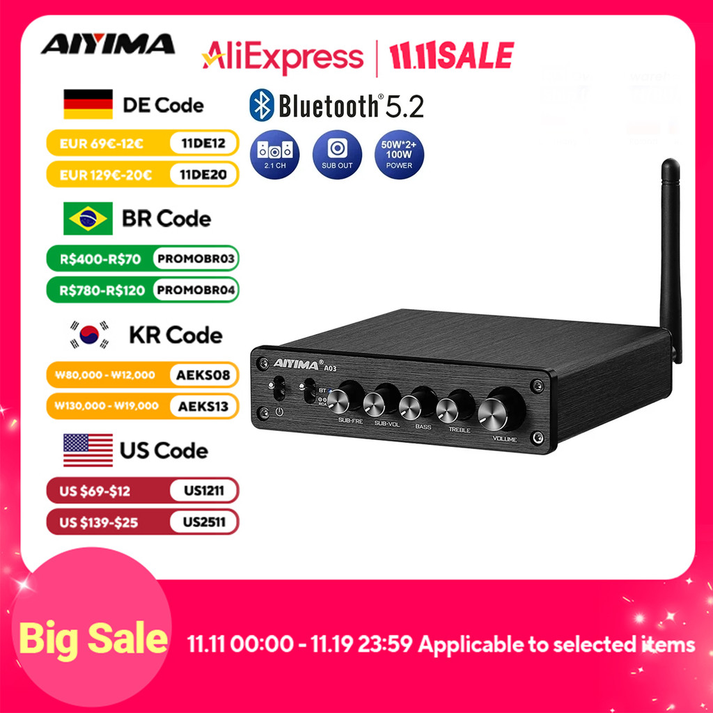AIYIMA A03 TPA3116 Subwoofer Bluetooth Amplifier HiFi TPA3116D2 2.1 gital Auo Power Amplifiers 50Wx2