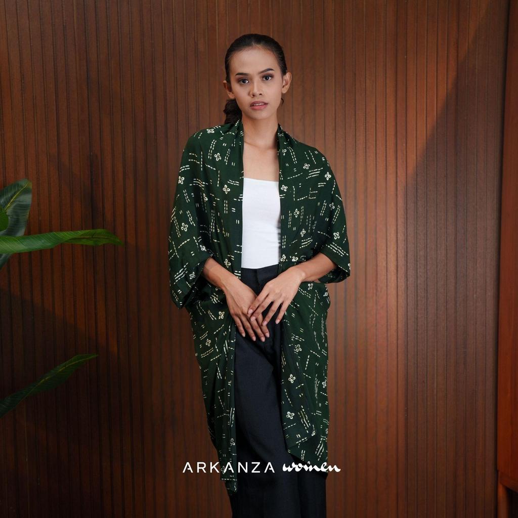 ARKANZA WOMEN Outer Batik Cap Vestika Melati Hijau Atasan Wanita Katun Kardigan Kimono Modern