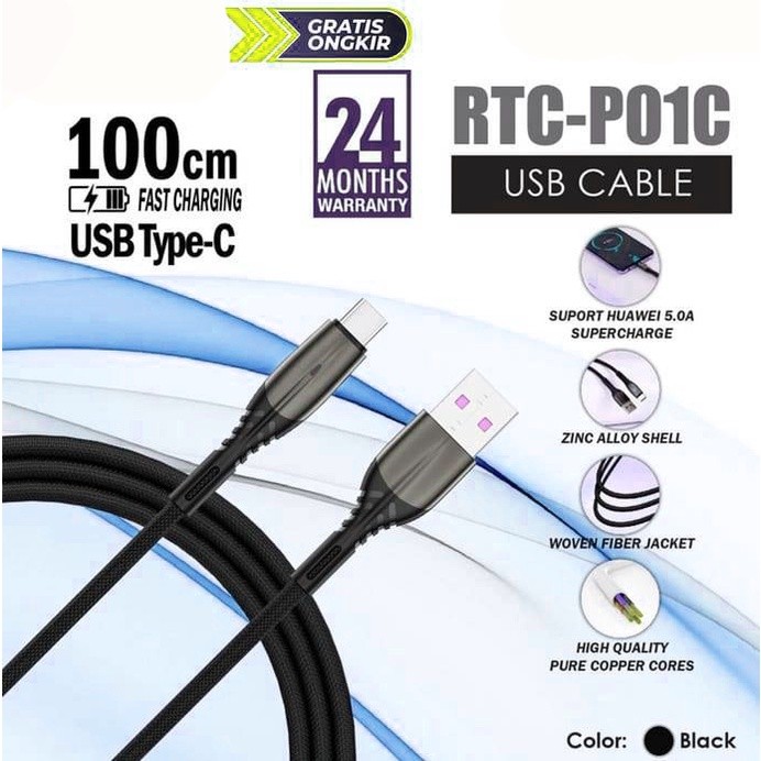 Kabel USB RECCI 100CM 5A Fiber Jacket+Zinc Alloy RTC-P01C TYPE-C Hitam
