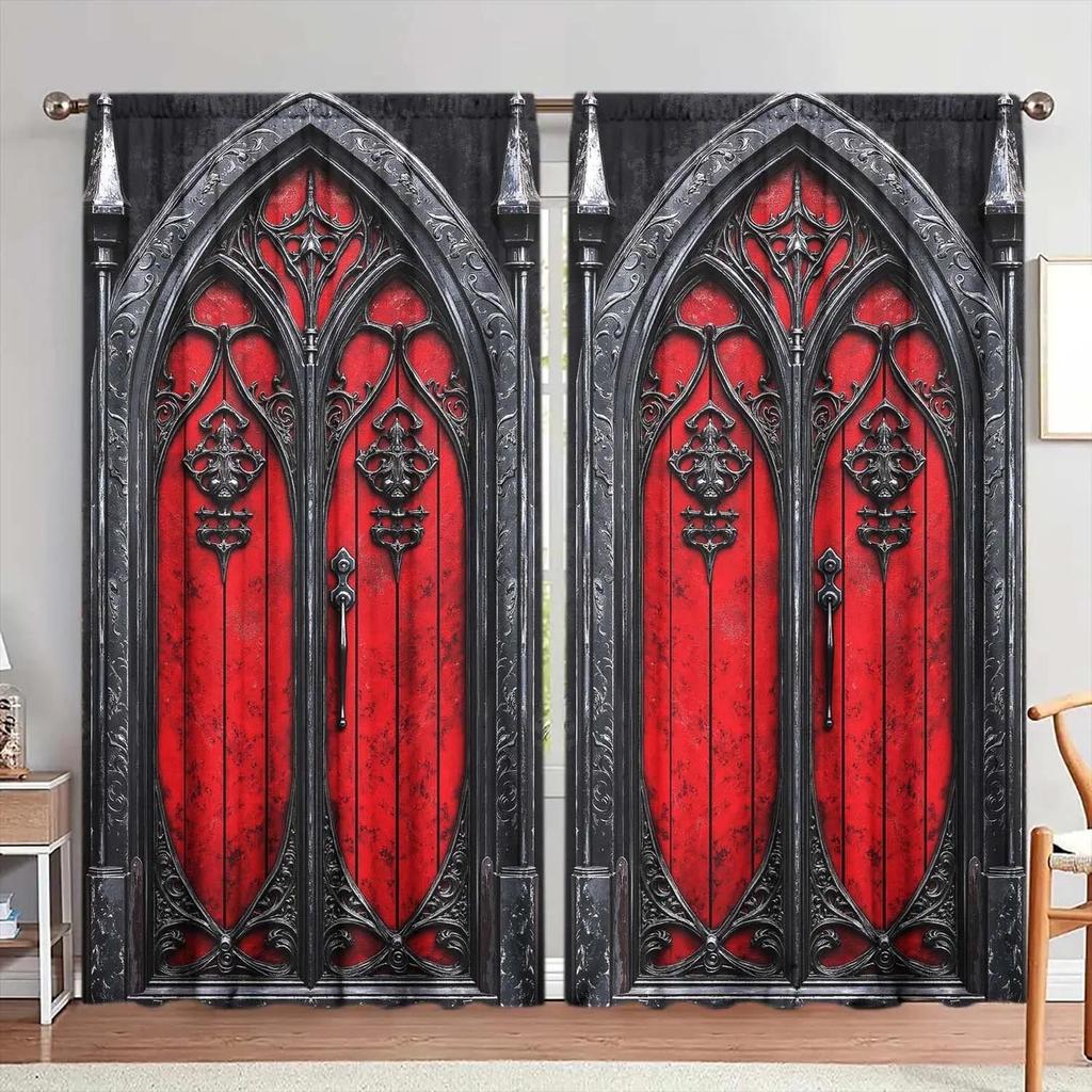 2 Panels Gothic Style Castle Windows Pattern Window Curtain - Artistic Home Decoration Curta, All Se