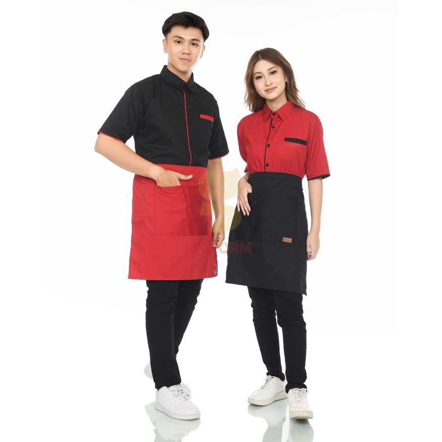 Baju Seragam Kerja Kemeja Kerja  Atasan Pria Wanita Lengan Pendek Warna Coklat Hitam Merah - Hitam, 