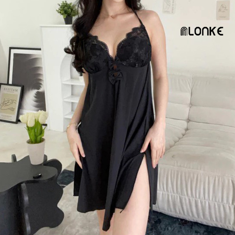 NLONKE - Set Baju Tidur Seksi Tipis Baju Tidur Rumah Pakaian Tidur Wanita Belahan Samping Busur Paka