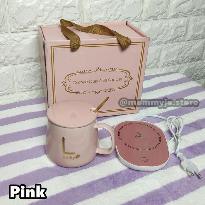 Thermostat Mug Gift Set - Gelas Cangkir Keramik Pemanas Kopi Teh Susu - Pink