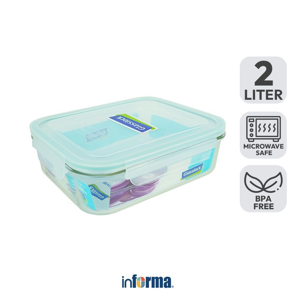 Informa Glasslock 2 ltr Basic Wadah Makanan Rectangular - Ungu/Biru Food Container Food Grade Serbag