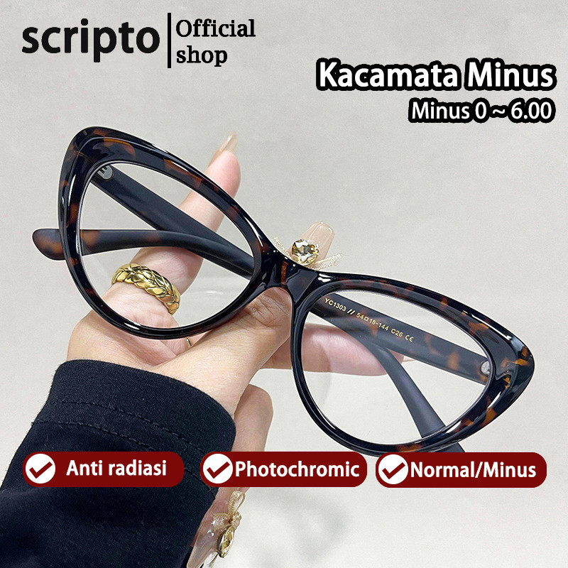 Scripto Kacamata Minus -1/-1.5/-2/-2.5/-3/-3.5/-4/-4.5/-5/-5.5/-6 Wanita Baru 2025 Besar Cat Eye Fra