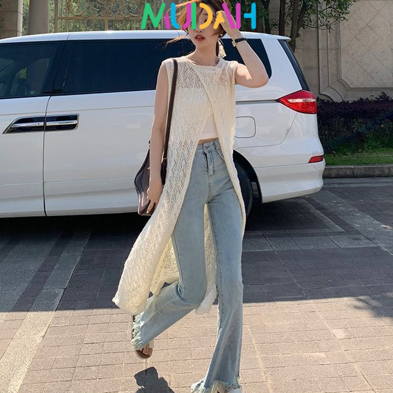 Desain Gaun Rompi Rajutan Blus Berlapis Khusus Dengan Rok Panjang Belahan Belakang Rok Yang Chic