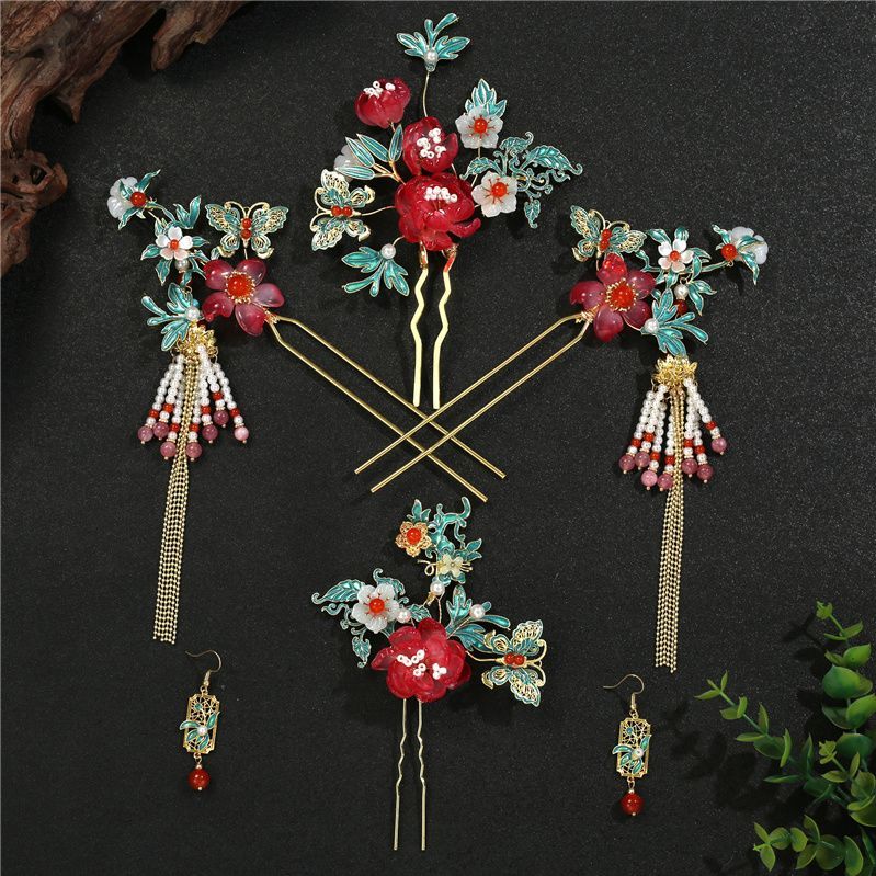 Aksesori rambut Hanfu antik Cina mengatur jepit rambut mahkota Xiuhe phoenix