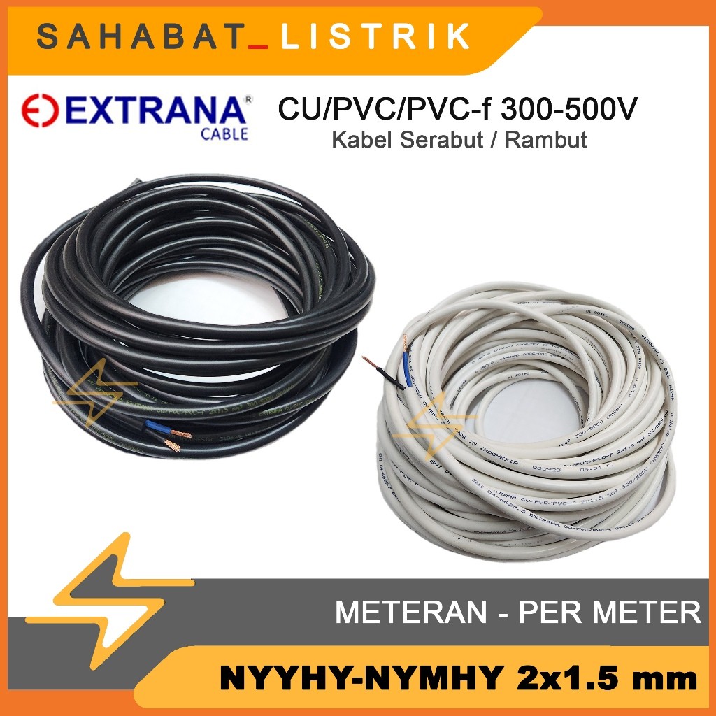 KABEL SERABUT EXTRANA NYMHY/NYYHY 2X1.5 2X1,5 PUTIH/HITAM METERAN