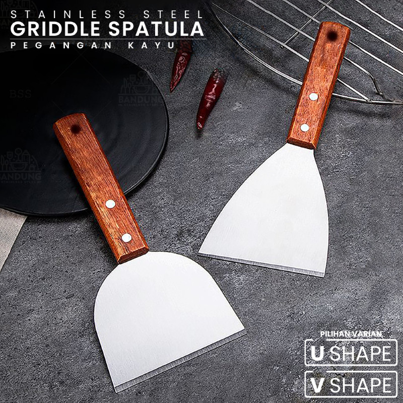 Spatula Masak Datar Stainless Steel Griddle Gagang Kayu U Shape V Shape Alat Masak Teppanyaki BBQ Da
