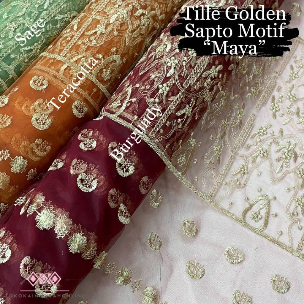 Kain Tille Brokat Korea Full Payet TEBAL SAPTO GOLDEN Motif MAYA NEW 2024 Bordir Full Premium