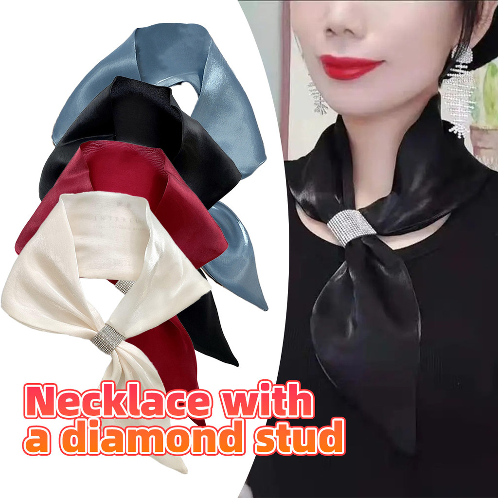 Syal satin wanita Desain berlian imitasi berpotongan silang Syal sutra sederhana/ Syal silang
