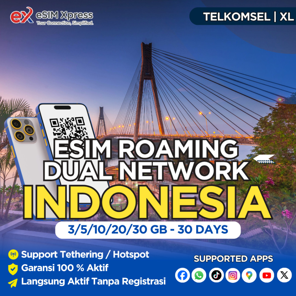 SIM XPRESS - eSIM Roaming Telkomsel / XL Indonesia Support TKTK 3GB/5GB/10GB/20GB 30 Hari | eSIM HP 