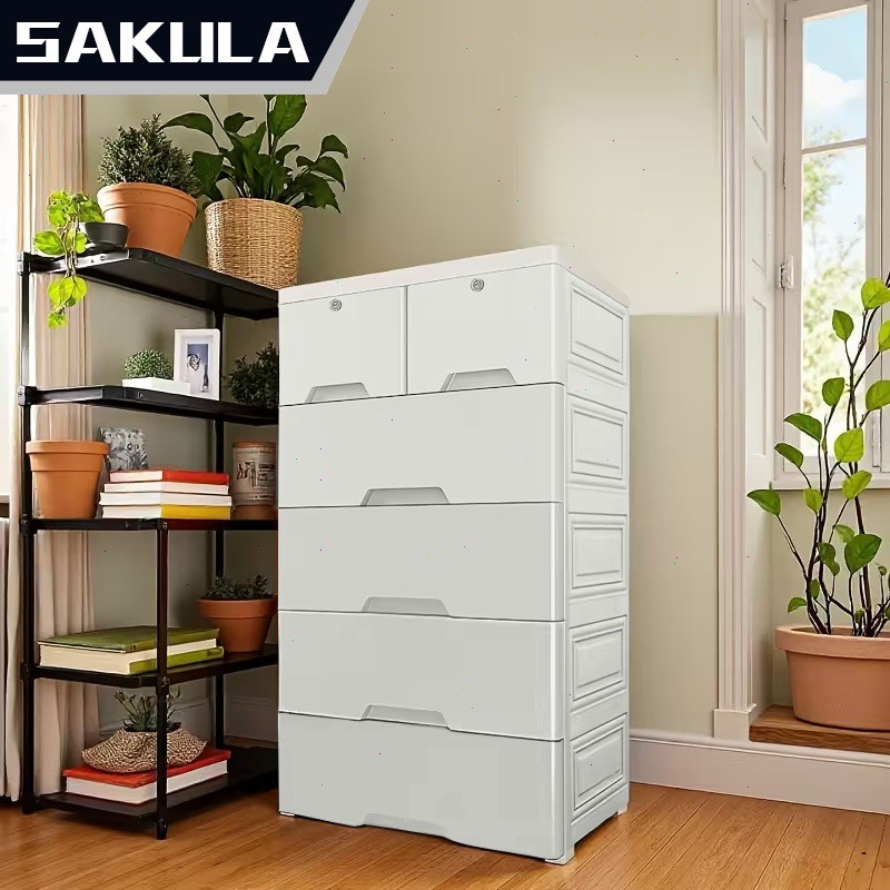 KIOSBERTHA OS Sakula Lemari Plastik 5 Lapis Putih Berkunci + Gembok - Lemari Laci Penyimpanan Baju, 